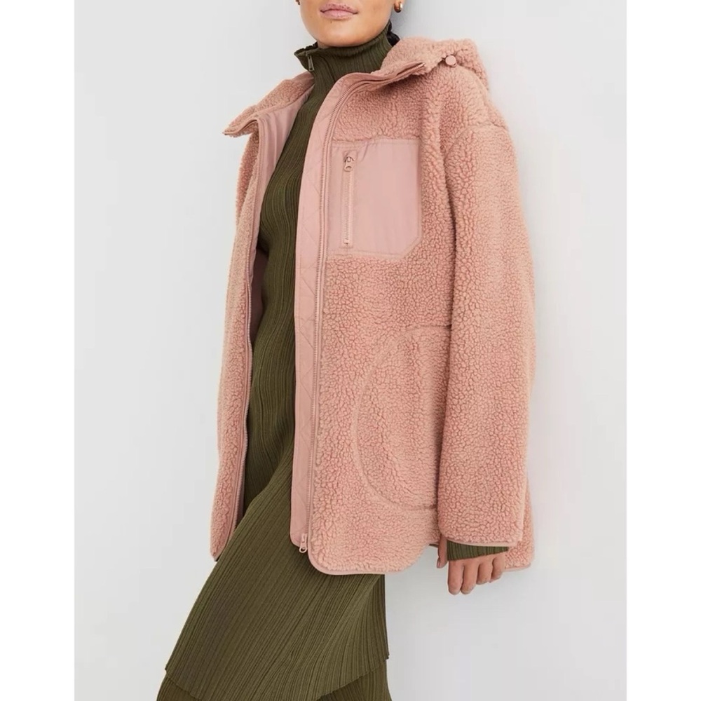 H&M Sherpa Teddy Pink Zip Long Coat Fleece Jacket Hood Cozy